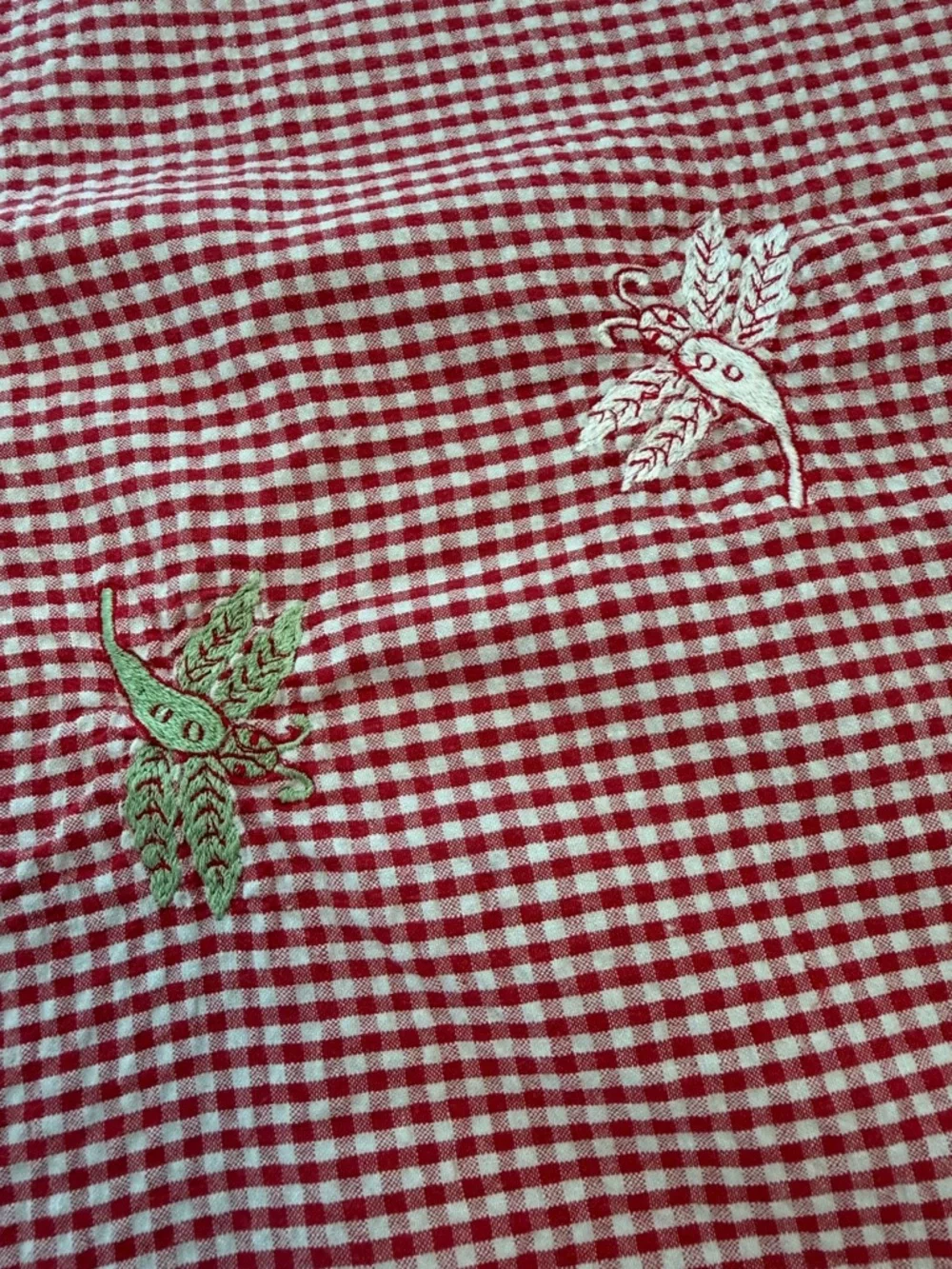 Vintage April Cornell Red Gingham Dragonfly Tablecloth Floral Hem & Four Napkins